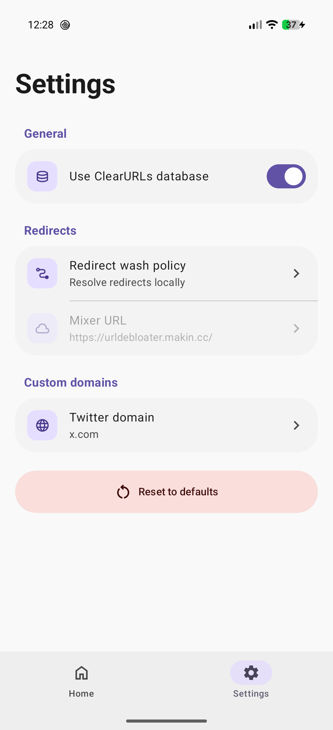 UrlDebloater settings screen on Android